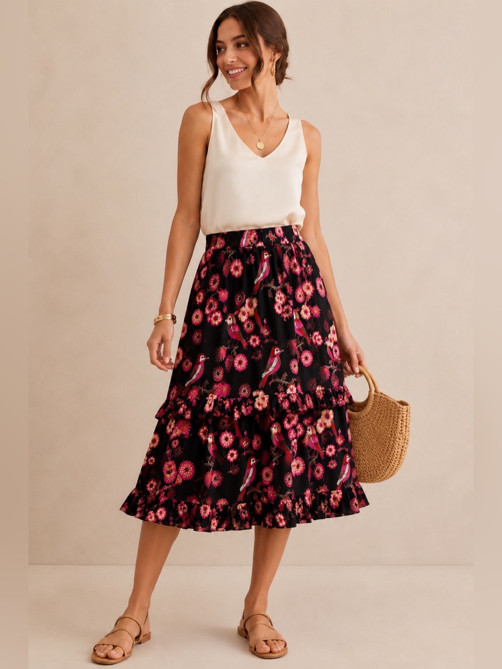 Olivia James The Label Lindsay Tiered Skirt Vintage Bird Print Boho  Size S